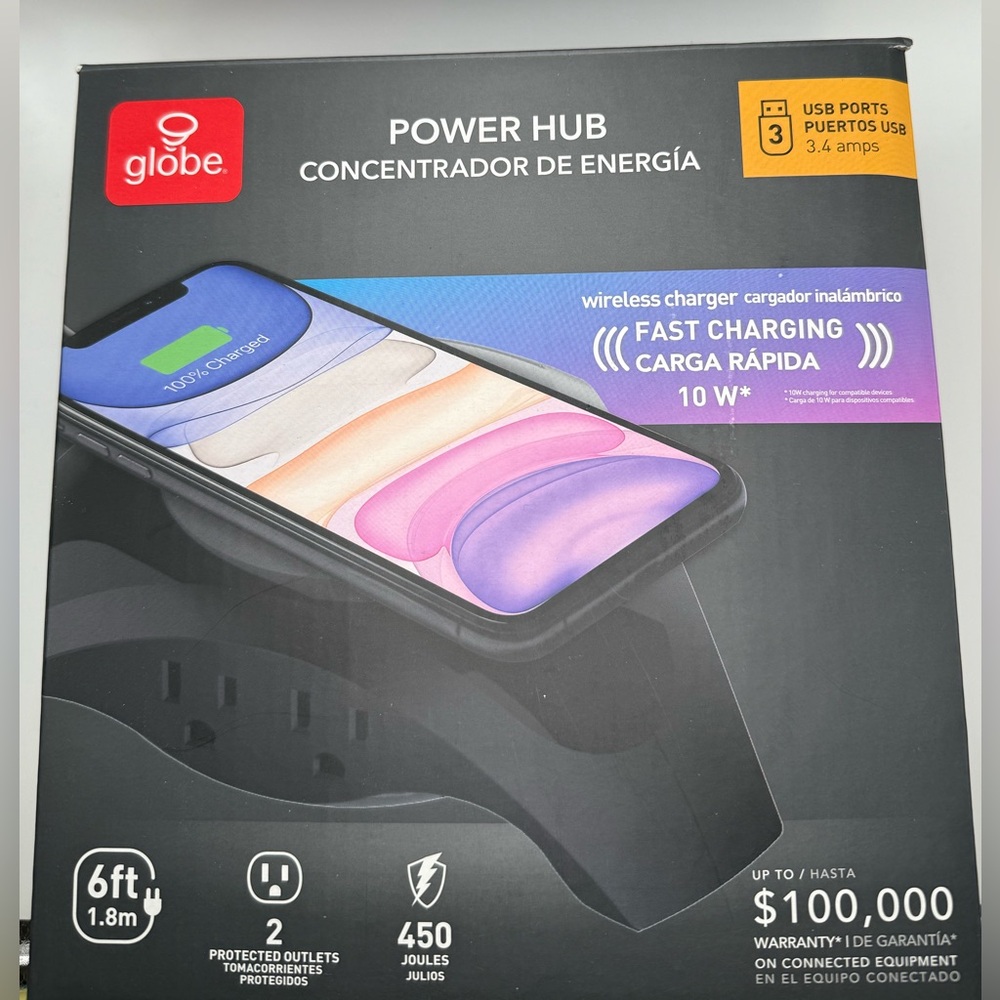 Globe Fast Charging Wireless Power Hub-New-3 USB Ports 6 ft power cord